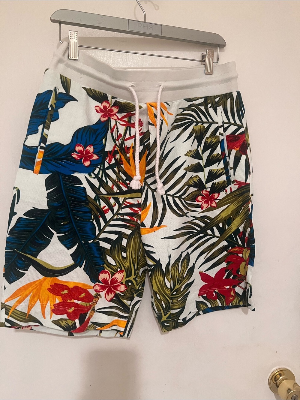 Zara White Tropical Floral Swim Shorts with Blue & Red Accents